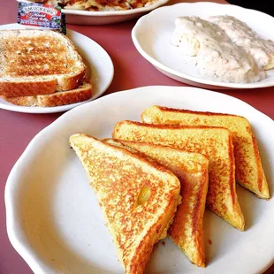 French toast , biscuits &amp; gravy, toast and my bf 's omelette.