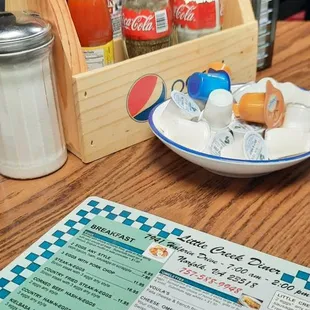 a table with a menu and a plate of food