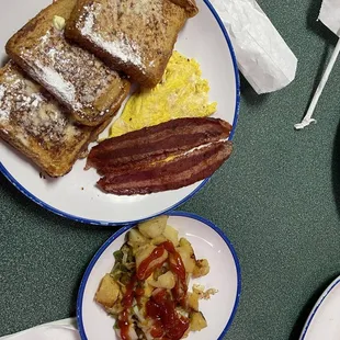 French Texas Toast Combo with a side of home fries with bell peppers onions and cheese