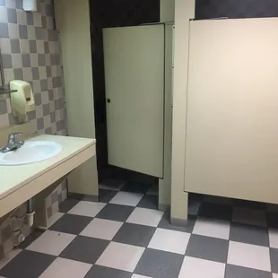 Two stalls, very clean facilities, though the water pressure in the showers is low.