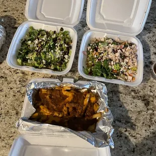 Greek salad, roasted beet and brussel sprout salad, chili cheese fries