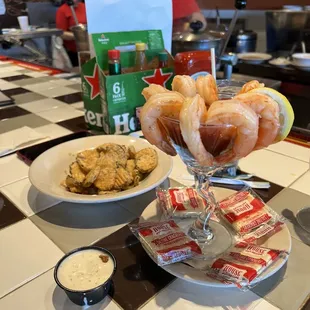 Fried Pickles, Shrimp Cocktail, Crawfish Etouffee