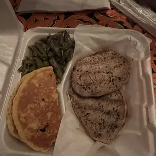 Grilled Pork Chop dinner with green beans and fried corn cake/bread