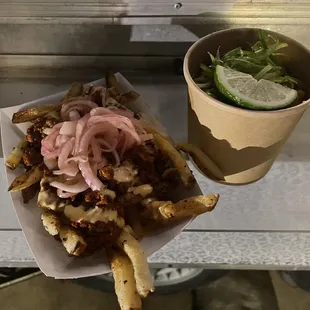 Loaded fries and elote