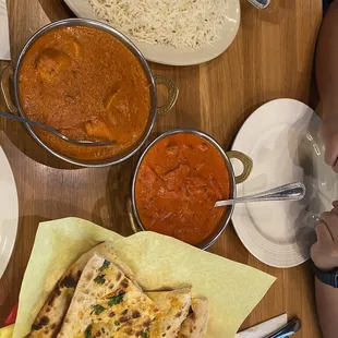 Chicken Tikka Masala, Butter Chicken, Garlic Naan Bread
