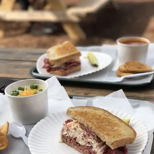 Harrys Perfect sandwich split with a friend with soup outside. Pickle for each of us.