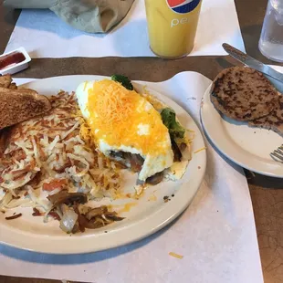 Veggie omelette with a side of turkey sausage!!  Yum .