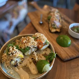 a plate of food on a wooden table