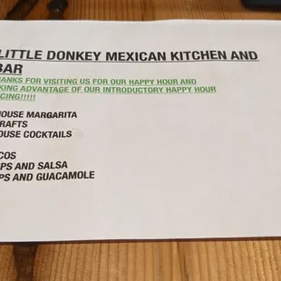 menu for mexican kitchen and bar