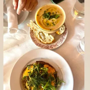 Crispy Cabbage and Asparagus pancake and Gazpacho