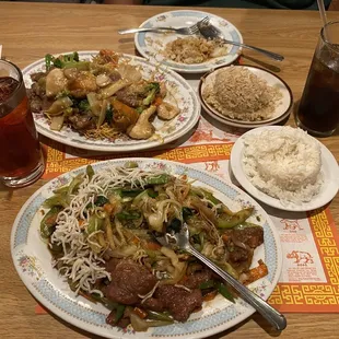 Emperor beef, Cantonese style chow mein, white rice, fried rice, raspberry tea, coke. $41!