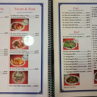 Menu: Chow Mein, Sweet &amp; Sour, Pork, Beef, Chicken