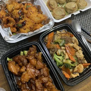 Spicy Crispy Fish Fillet, General Tsao Chicken, Triple Delight, 6 Piece Pan Fried Chive Buns