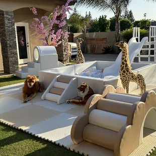 Tan and white ball pit, slide, and various other soft play items. Available for rent now.