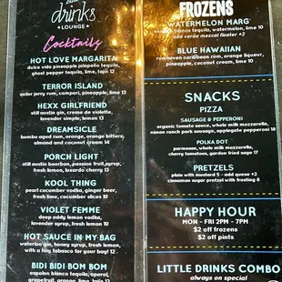 Drink menu and HH Menu