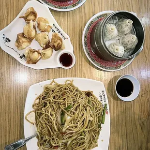 Crab Wontons, soup dumplings, chicken Chow Mein, sticky rice  wraps