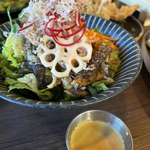 Salmon skin salad was pretty but dressing was watered down.