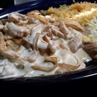 Chicken Encremada I think this is called. I just call it wonderful. Enough for 2 meals for me.
