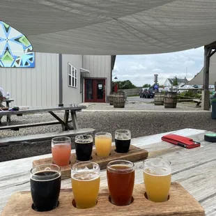 Flights of delicious beer on the patio!