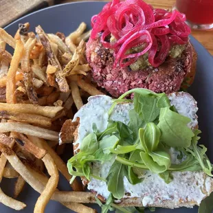 the beet burger with chimi chimi fries