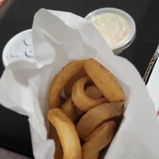 Onion rings... 3 was still doughy inside and was  under cooked