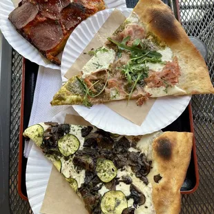 Pepperoni square, ham/pesto, and mushroom/zucchini