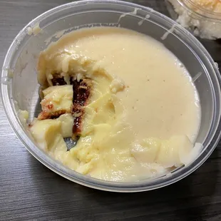 Has a flan like texture but a cheesecake crumble on the bottom with a fruity taste! DELICIOUS!!!! Not too sweet!