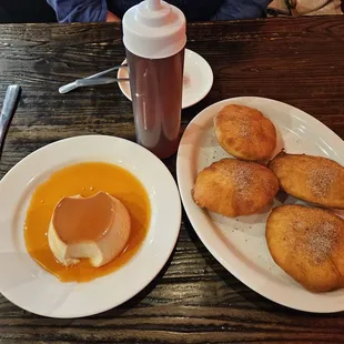 Flan, sopapillas, and honey.  The flan is creamy smooth and delicious.  The sopapillas were a pleasant taste surprise.