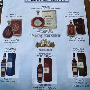 a menu for various types of liquor