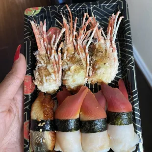 Surf Clam Sushi Eel Sushi Sweet Shrimp Sushi fried heads  @houstonareyouhungry on insta