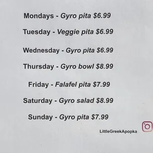 Daily specials