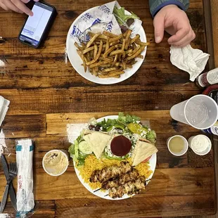 Chicken Skewers with Rice &amp; Greek Salad and Gyro Pita