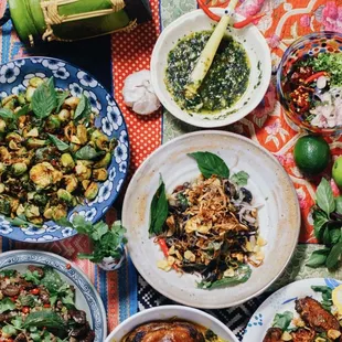 a variety of dishes on a table