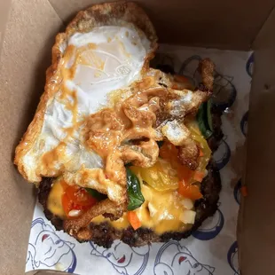 Smash burger with Thai duck egg