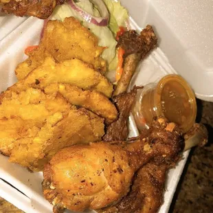 Chicken drum sticks with fried plantains