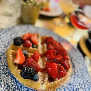 Waffles with strawberry compote