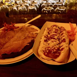 Double Barrel BBQ ~ cheese skirt grilled cheese, bacon wrapped hot dog, and dimmed lighting