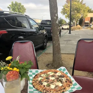 Pie on the Fly &amp; fresh flowers.