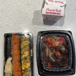 Left to right: Grand Canyon Roll, Mango Roll, Orange Beef with White rice.