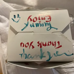 She wrote yummy and thank you on the container.