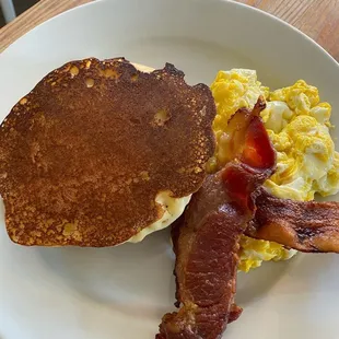 Doc Horn  Two pancakes - Bacon and scrambled eggs
