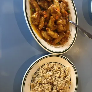 Orange chicken and fried rice.