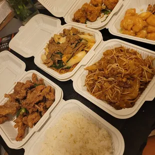 Salt &amp; pepper pork chop, Hong Kong style beef chow mein, lollipop chicken, steamed rice, beef chow fun, &amp; honey walnut prawns