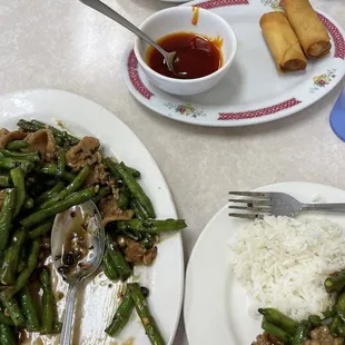 Green beans, black bean beef, egg rolls too. Tasty, spicy great.