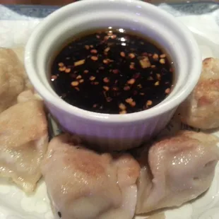 Pan fried potstickers.