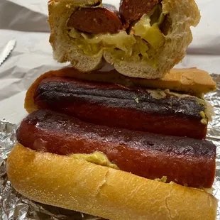 Smoked Hot Sausage - spicy mustard, hot peppers and provolone added.  Big portion, toasted