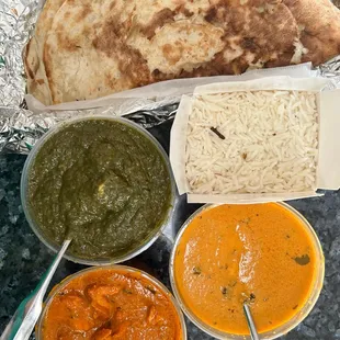Naan, rice, Palak Paneer, butter chicken, paneer tikka masala
