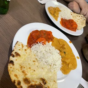 Chicken tikka masala.   Shrimp vindaloo naan and rice