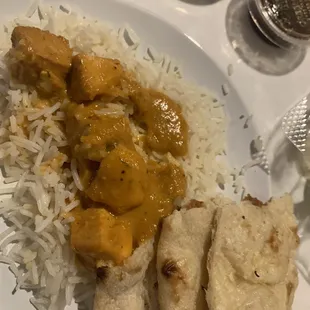 Garlic Naan, Chicken Tikka Masala, side rice.