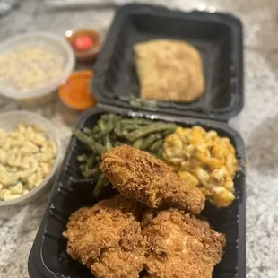 Fried Chicken, Green Beans, Macaroni salad, Mac and Cheese, Beef pattie